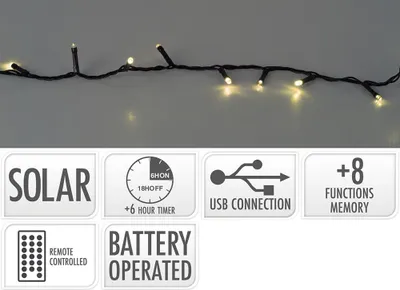 Image de Guirlande Led 8 Fonctions Clignotantes, Blanc Chaud, Ip44, Solaire. Basics