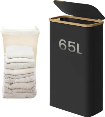 Obrázek produktu pro Koš na prádlo s víkem – koš na oblečení – objem 65 litrů – rozměry 42 x 22,5 x 70,5 cm – barva: černá