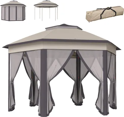 Produktbild von Pavillon 4x4m Wasserdicht Pop-up sechseckiger Faltpavillon, Doppeldach, Gartenpavillon mit 6 Seitenteilen, Partyzelt inkl. Tragetasche, für Garten, Terrasse, Festival, Kaffee+Beige