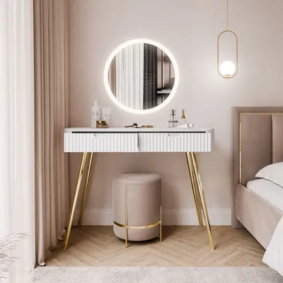 Produktbild von Schminktisch ZAIRA mit LED Spiegel Weiß schräge gold Chrom Beine