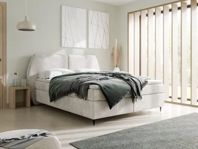 Produktbild von Boxspringbett 180x200 MADRYT Bouclé Creme inkl. Topper, 2 Matratzen & 2 Bettkästen | Hotelbett Polsterbett Design-Kopfteil