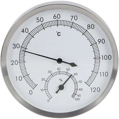 Obrázok produktu pre Teplomer 2 v 1 – teplomer do sauny – kovový – rozsah teplôt 10-120 °C – merač vlhkosti