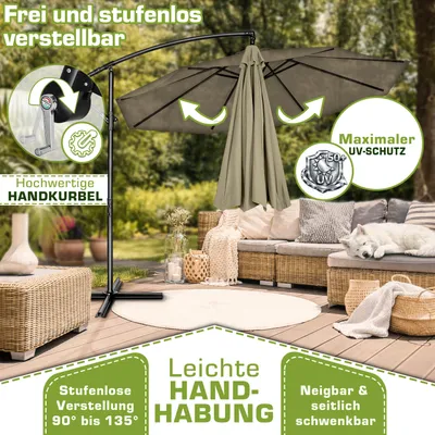 Produktbild von tillvex Sonnenschirm Braun Ø 350 cm Ampelschirm Gartenschirm Marktschirm Kurbel Balkon Alu Neigbar Braun - Ø350cm