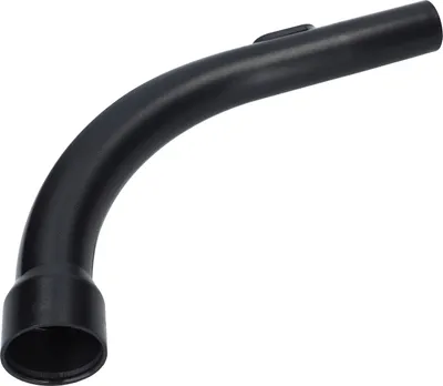 A black curved vacuum cleaner hose attachment against a white background.