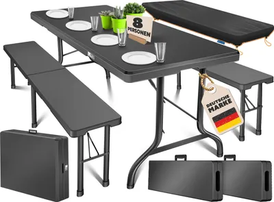 Produktbild von KESSER® Bierzeltgarnitur 3-teilig Set Tisch & 2x Bank | Buffettisch für drinnen & draußen Gartengarnitur klappbar 183x76x74cm Kunststoff Klapptisch Gartentisch inkl. Abdeckung & Tragegriffe