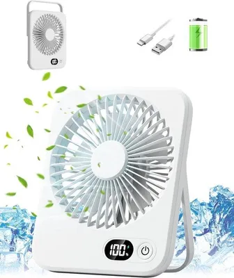 Image de VHV - Ventilateur de table - Mini ventilateur USB - Ventilateur de bureau silencieux, batterie 1800 mAh, 5 vitesses, rechargeable par USB avec écran numérique - idéal pour le bureau, la chambre, le travail à domicile et les voyages