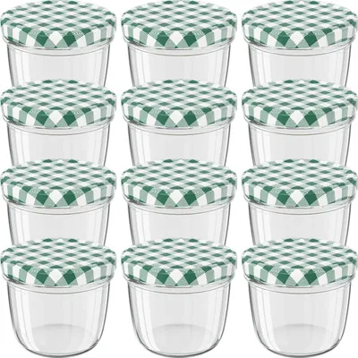 Produktbild von WELLGRO Einmachgläser grün kariert mit Schraubdeckel - 230 ml, 8,5 x 6,5 cm (ØxH), Glas / Metall, grün karierte Deckel To 82, Gläser  Germany, verschiedene Mengen wählbar, Stückzahl:12 Stück