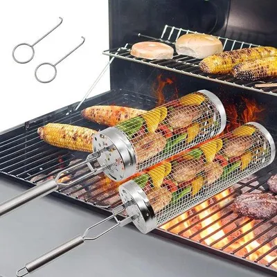 Immagine prodotto di Griglia - 2 pinze da barbecue in acciaio inossidabile con manico e forchetta - Attrezzatura da campeggio e barbecue all'aperto - Verdure, patatine fritte, carne
