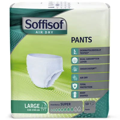 Image de Soffisof Air Dry Pants Super L - 10x Culotte Incontinence Femme et Homme - Couche Adulte Absorption 8 Gouttes, Couches Culotte Taille L (110-150 cm)