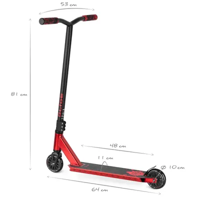 A red and black stunt scooter with dimensions indicated by measurement lines and text.