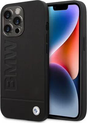 A black iPhone case with the BMW logo embossed on it, shown next to an iPhone.
