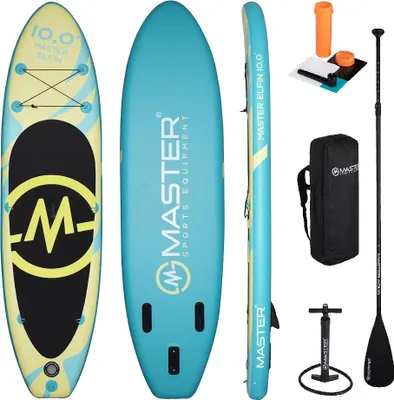 A collection of paddleboard accessories and the paddleboard itself, displayed from multiple angles.