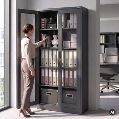 Produktbild von Jan Nowak Aktenschrank Medizinschrank Büroschrank Flügeltürschrank Glasvitrine 4 Fachböden Stahl Abschließbar 185 cm x 90 cm x 40 cm anthrazit