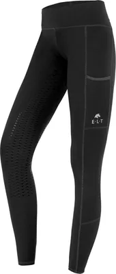 A pair of black riding leggings shown from the side.