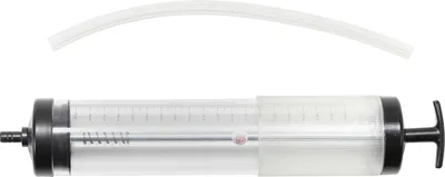 A clear studio shot of a fluid transfer pump and a piece of tubing against a white background.