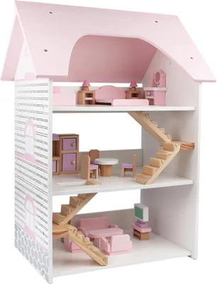 Produktbild von Aga4Kids Puppenhaus mit handgefertigten Holzmöbeln für Kinder, 3 Stockwerke mit Treppe