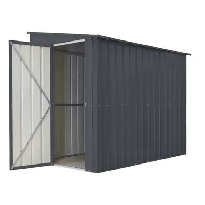 An open, dark gray metal shed with a light gray interior and door.