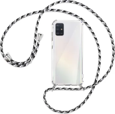 Produktbild von Handykette Backcover-Schutzhülle mit Band (Metall silberfarben) für Samsung Galaxy A51 (A515) - schwarz/grau/weiß