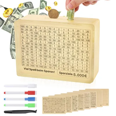 Produktbild von Sparschwein aus Holz, Spardose mit Zahlenauswahl, Retro-Spardose zum Sparen von 500 € bis 10.000 €, Sparschwein aus Holz mit Zähler, Geldkassette, Spardose für Kinder und Erwachsene (beige)