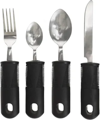 Imagen del producto de Juego de cubiertos ergonómico, de 4 piezas, que incluye tenedor, cuchillo, cuchara de sopa y cuchara de té, ideal para personas mayores