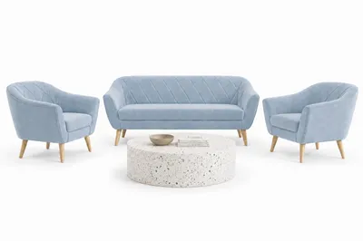 Produktbild von Sofello Gloria Wohnzimmerset 3+1+1 – Hellblau Samt Sofa Set mit 2 Sesseln | Skandinavische Couchgarnitur mit Holzfüßen