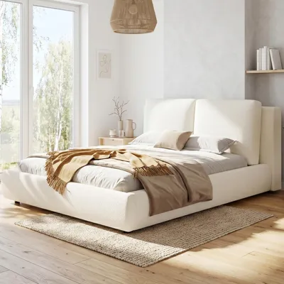 Produktbild von STILVORA Polsterbett 180x200 cm mit Lattenrost und gepolstertem Kopfteil, Doppelbett für Schlafzimmer, Funktionsbett im Bouclé Stoff, Beige