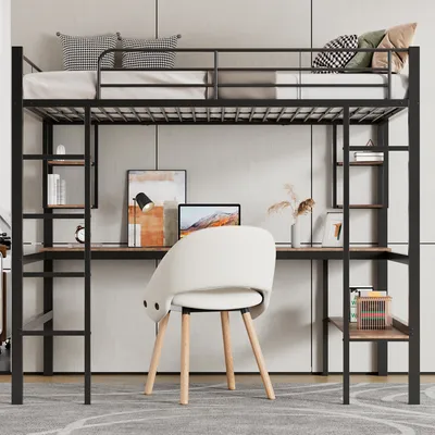 Produktbild von 90x200cm Hochbett aus Metall mit integriertem Schreibtisch, vier Regalen und großem Bücherregal,  EN747-, schwarz