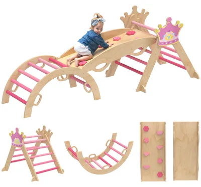 Productafbeelding van 6-in-1 indoor klimrek voor kinderen, prinsessendesign, glijbaan, hellingbaan, boog, hout