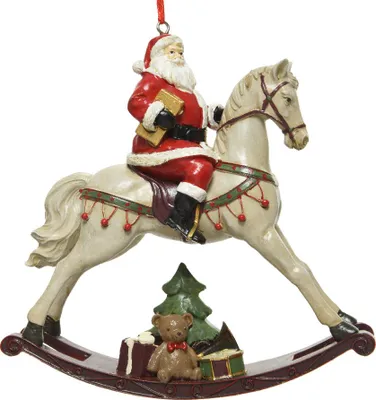 Produktbild von Christbaumschmuck Weihnachtsmann auf Schaukelpferd 14cm Keramik Bunt