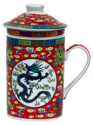 Produktbild von Keramik Teetasse mit Deckel + Sieb für Losen Tee mit (Roter Drache, 496), Asiatisches Motiv, Porzellan, Tee-Becher