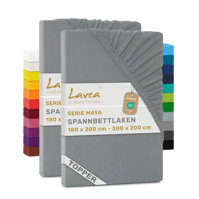 Produktbild von Lavea® 2er Pack Topper Spannbettlaken 180/200x200 cm, Bettlaken aus 100% Baumwolle Jersey – Für Topper bis 12 cm Höhe – Weich, Mittelgrau