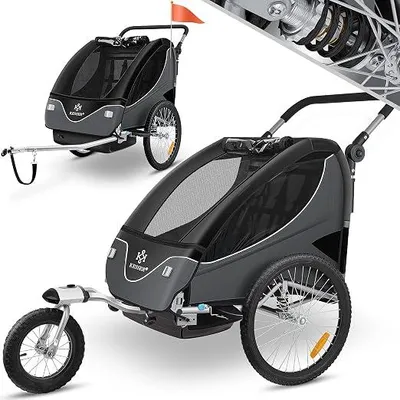 Produktbild von Kinderanhänger Fahrradanhänger 360° Drehbar mit Federung 2in1 Joggerfunktion Kinderfahrradanhänger + 5-Punkt Gurt Jogger Fahrrad Anhänger für 1 bis 2 Kinder max. 40kg Inkl. Warnfahne, Schwarz