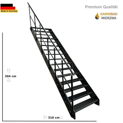 Produktbild von Wangen- Treppe Stahltreppe Gitterroststufen 16 Stufen mit Geländer Links Verzinkt & komplett Anthrazit pulverlackiert (B x H x T) 80 x 304 x 310 cm