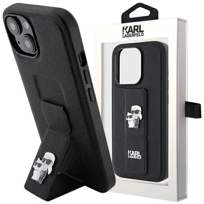 Produktbild von Karl Lagerfeld Saffiano Grip Stand Metal Logo Case für iPhone 15 schwarz
