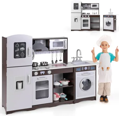 Immagine prodotto di Cucina per bambini COSTWAY, cucina ad angolo con luci, suoni, 7 accessori, cucina giocattolo con gelatiera, microonde, lavatrice in legno per bambini 3+
