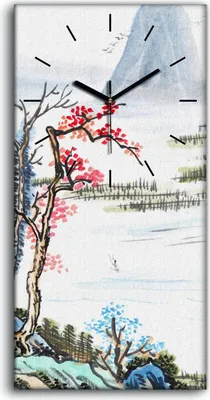 Produktbild von Wanduhr Uhr Wandbild Leinwand 30x60 Malerei Abstrakte Asiatische Bäume Berge - schwarze Hände