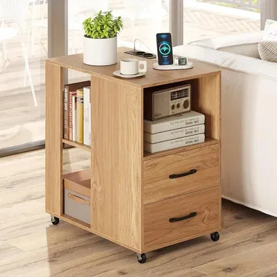 Image de Table d'appoint sur roulettes, avec tiroirs et étagères en bois naturel