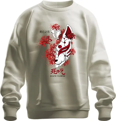 Produktbild von Kitsune Maske Spinnenlilie Higanbana Lycoris DEATH FLOWER retro Uni Sweatshirt Pullover, Natur, XL
