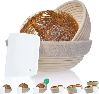 Image de Set de 2 paniers de fermentation ronds avec racloir , 2X paniers de fermentation pour pain et pâte à pain en rotin de 22 et 25cm, moule à pain, insert en lin, bois poncé
