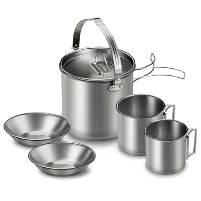 Produktbild von 5pcs Outdoor-Edelstahl-Wasserkocher, zusammenklappbar, Hängetopf, 5-teiliges Set, Camping-Kochutensilien, Schüsseln, Töpfe, Tassen, Camping, Camping
