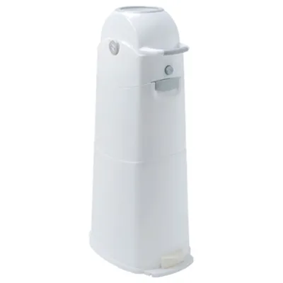 A white diaper pail with a gray lid and handle, shown against a white background.