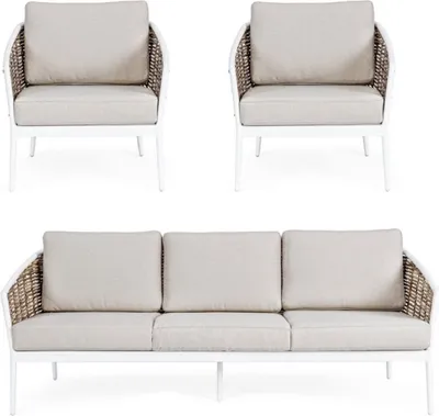 Produktbild von Casa Padrino Luxus Gartenmöbel Set Grau / Weiß / Braun - 1 Luxus Gartensofa & 2 Luxus Gartensessel - Garten Möbel - Terrassen Möbel - Hotel Möbel - Pool Möbel - Outdoor Möbel - Luxus Möbel