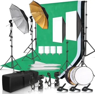 Zdjęcie produktu dla Zestaw oświetleniowy do studia fotograficznego, zawierający softbox, ramę do tła i system tła