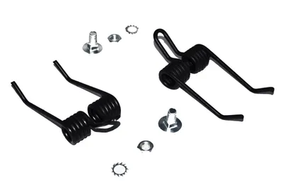 A product shot of two black springs and several metal fasteners on a white background.