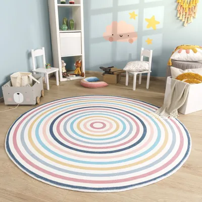 Produktbild von TT Home Babyzimmer Teppich Rund Kinderzimmer Waschbar Regenbogen Sonne Größe 100 cm Rund