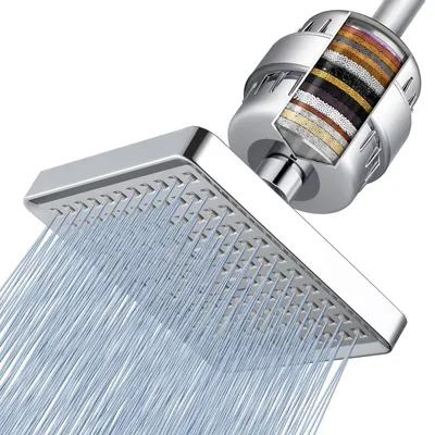 Productafbeelding van Douchekop-set met 23-traps filter, krachtige regendouchekop, 15 cm, vierkant, chroom