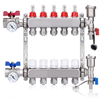 Produktbild von 5 Heizkreise | Heizkreisverteiler mit Eurokonus 3/4 (20 x 2 mm) mit Thermometer, 1" Kugelhähne Manueller Entlüfter Flussmesser Fußbodenheizung HKV