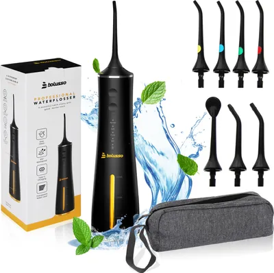 Produktbild von Bolusso Water Flosser - Inklusive 7 Aufsätze - Reisetasche - E-Book - Vollständig einstellbar - Mundspülung - Zungenreiniger - Mundpflege - Plaque-Entferner - Bracket-Reiniger - Zahnstein-Entferner - Zahnseide-Gerät - NEUES Modell