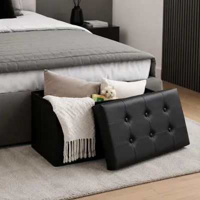 Produktbild von belviona Sitztruhe mit Stauraum, faltbare Sitzbank aus Kunstleder für Wohnzimmer, Flur oder Schlafzimmer, 80 l Volumen, 76x38x38 cm, schwarz