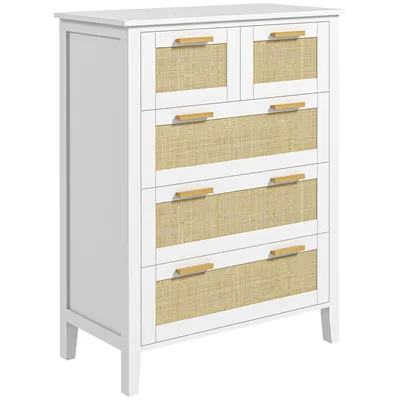 Image de Commode HOMCOM à 5 tiroirs, poignées en bois massif et rails métalliques pour bureau, salon, chambre à coucher, blanc